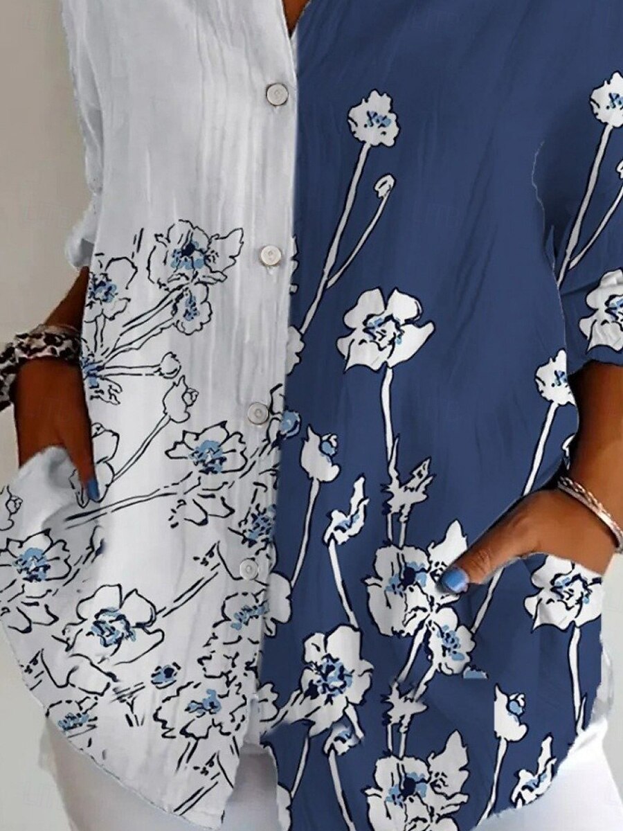 Women's Shirt Floral Active Daily Stylish Long Sleeve Shirt Collar Regular Tops Daily Holiday Buttons Print Blue Spring Fall