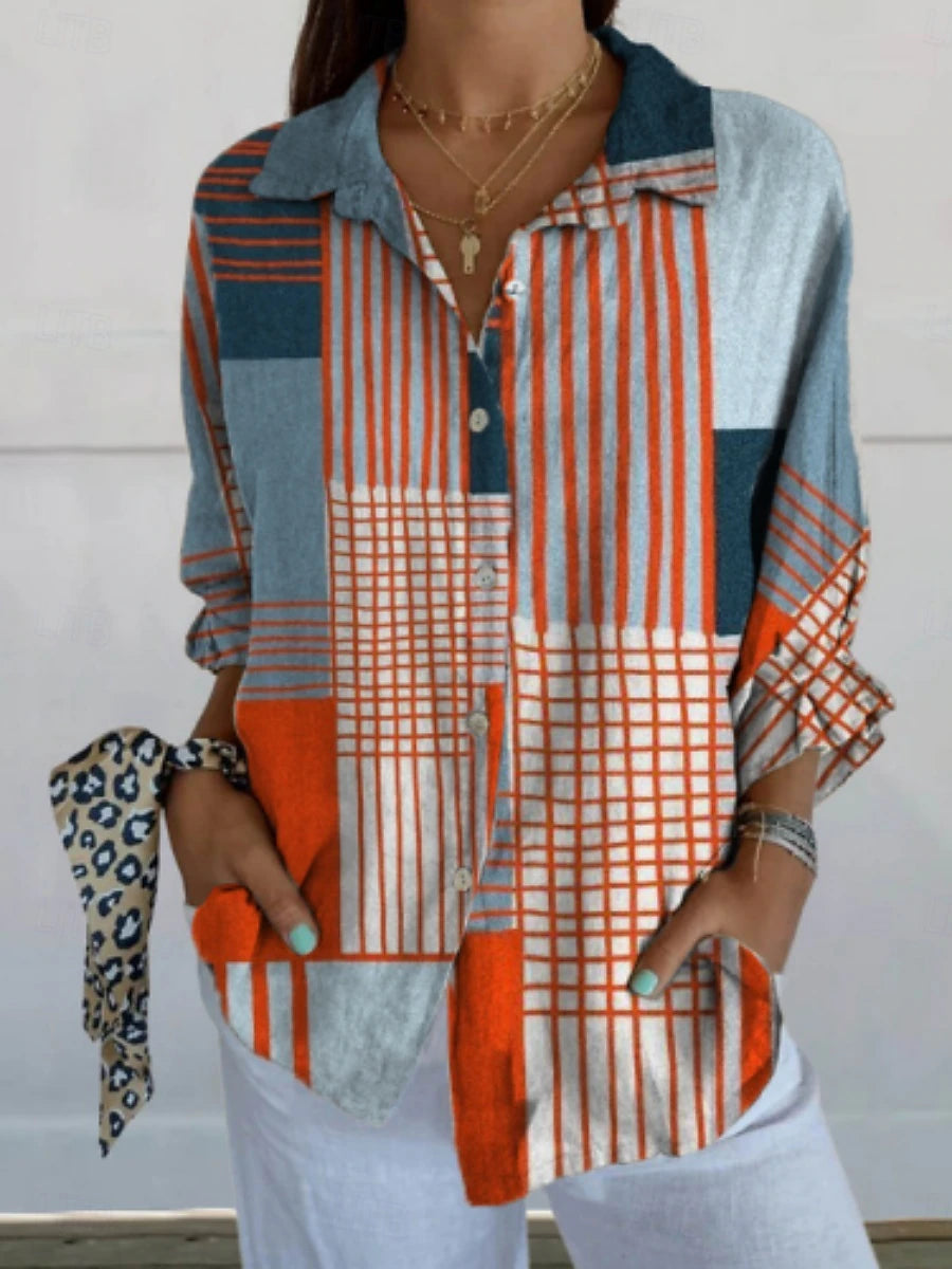 Women's Blouse Geometric Color Block Daily Stylish Long Sleeve Shirt Collar Regular Tops Daily Holiday Buttons Print Blue Summer